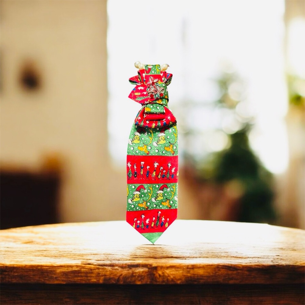 Dr. Seuss Red And Green Christmas Necktie With Bell Brooch